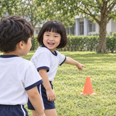 球跑到旁邊了：藍球偏離軟錐路線，兩名孩子一起發現。