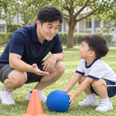 我們再試一次：Kevin 蹲下陪孩子看球，鼓勵重新開始。
