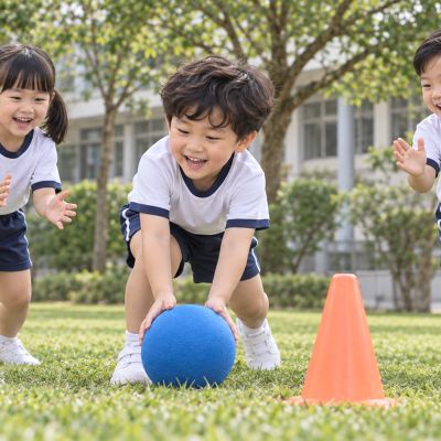 通過最後一個軟錐：三名孩子合作，把球送過終點前的軟錐。