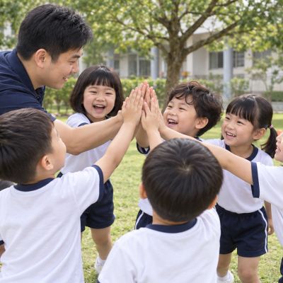 大家一起擊掌：Kevin 和孩子為這次合作互相鼓勵。