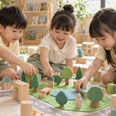 把綠色積木放進空地，小城市也有一座可以休息的公園。