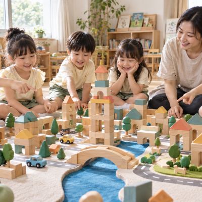 小城市完成了！孩子們圍在一起，分享自己最喜歡的作品。