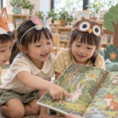 看到森林裡的新角色，孩子們指著畫面分享自己的想法。