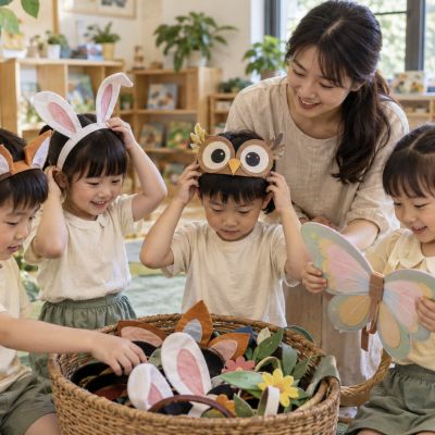小兔、狐狸、貓頭鷹與蝴蝶，大家挑選想扮演的角色。