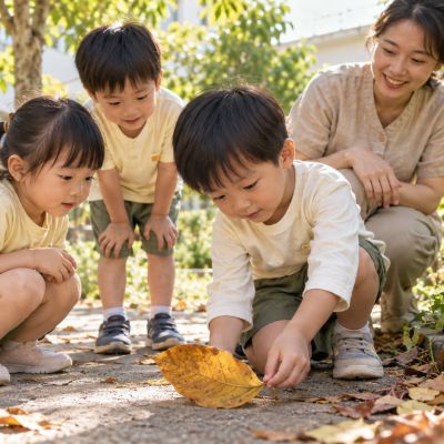 樹下發現一片特別的葉子，孩子們停下腳步仔細看看。