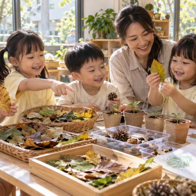 葉子、種子和小花盆排在一起，孩子們分享秋日探險的發現。