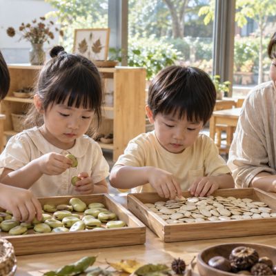 把大小不同的種子分開，動動手也練習觀察。