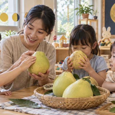 摸摸柚子的外皮、聞聞果香，用五感認識中秋水果。