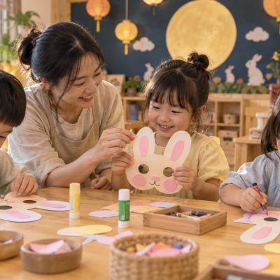 動手做玉兔面具，剪剪貼貼變出可愛表情。