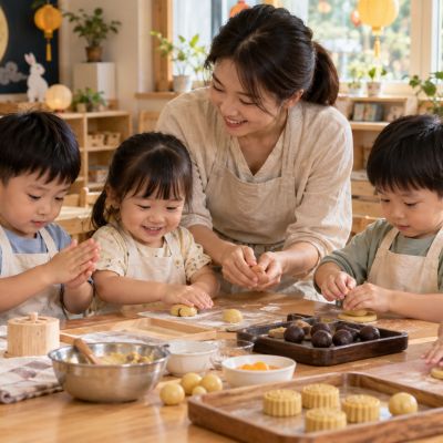 搓圓、壓平，小手練習做出月餅的形狀。