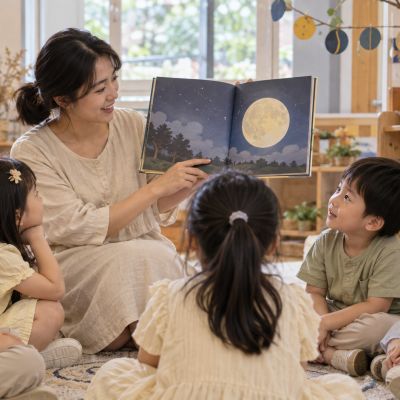 圍坐聽老師說月亮的故事，孩子們對中秋節充滿好奇。