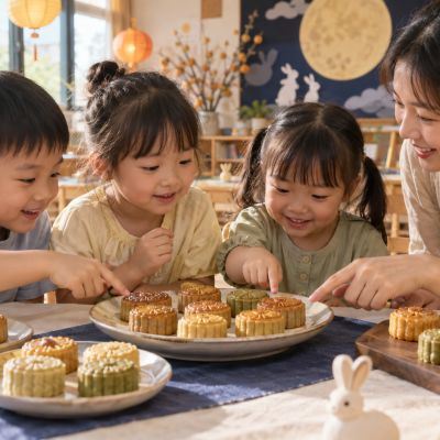 把完成的小月餅放在一起，欣賞大家不同的創作。