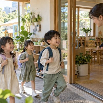 晨光照進校園，孩子們背著小書包，開心展開新的一天。