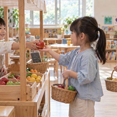 小小商店開張了，孩子們練習招呼、挑選與分享。