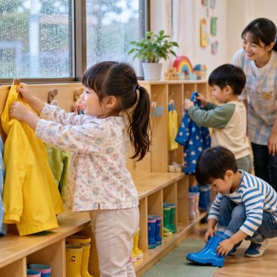 脫下雨衣、放好小雨鞋，孩子準備開始室內遊戲。