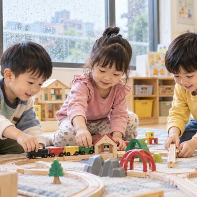 小火車沿著軌道出發，穿過我們搭好的小小城市。